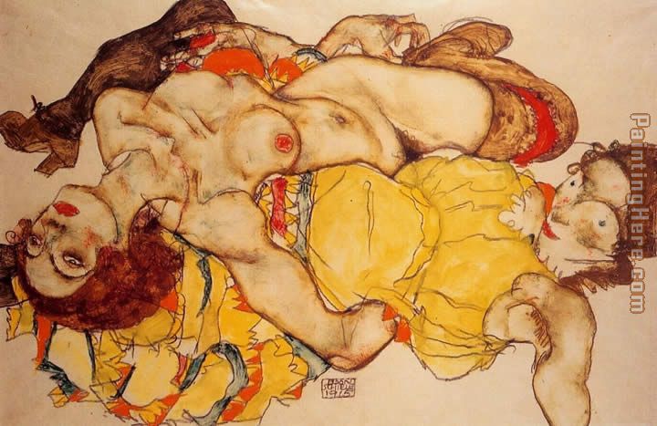 Two Girls Lying Entwined painting - Egon Schiele Two Girls Lying Entwined art painting